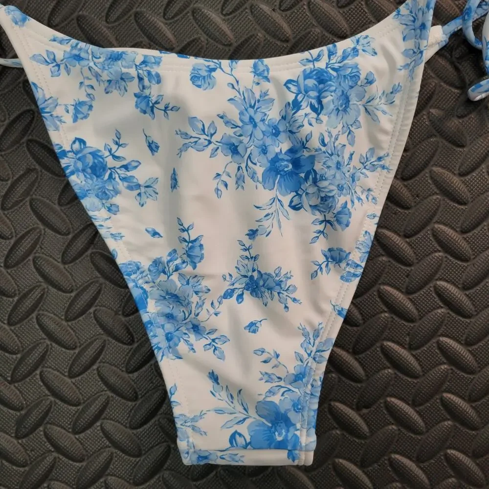 Wild Fable Floral Bikini Bottom XS Blue White Tie Side Cheeky NWT Coquette